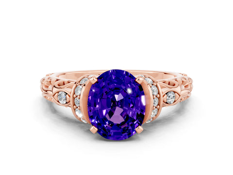 Rose gold Oval Cut Tanzanite Solitaire Ring with Filigree Band and Four-Prong Setting_24