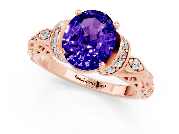 Rose gold Oval Cut Tanzanite Solitaire Ring with Filigree Band and Four-Prong Setting