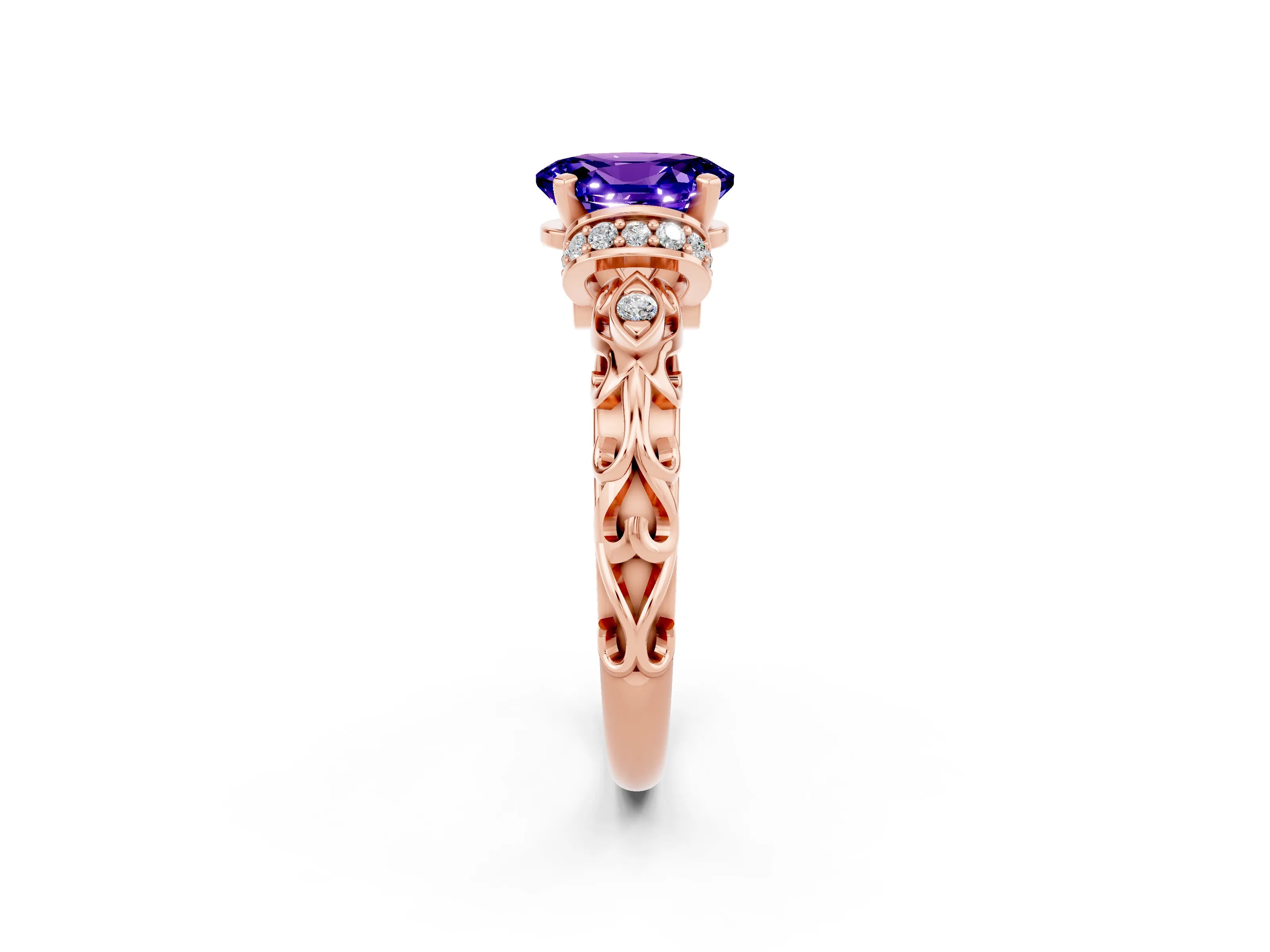 Rose gold Oval Cut Tanzanite Solitaire Ring with Filigree Band and Four-Prong Setting_26