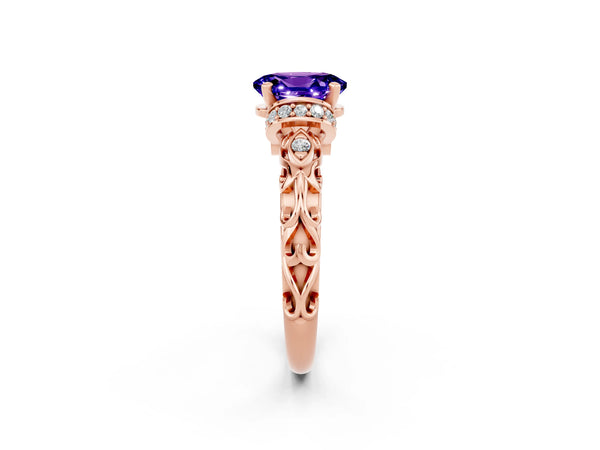Rose gold Oval Cut Tanzanite Solitaire Ring with Filigree Band and Four-Prong Setting