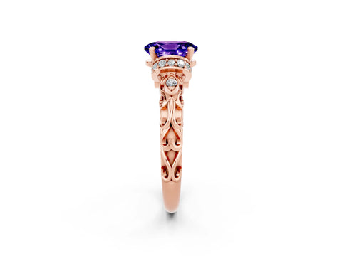 Rose gold Oval Cut Tanzanite Solitaire Ring with Filigree Band and Four-Prong Setting_26