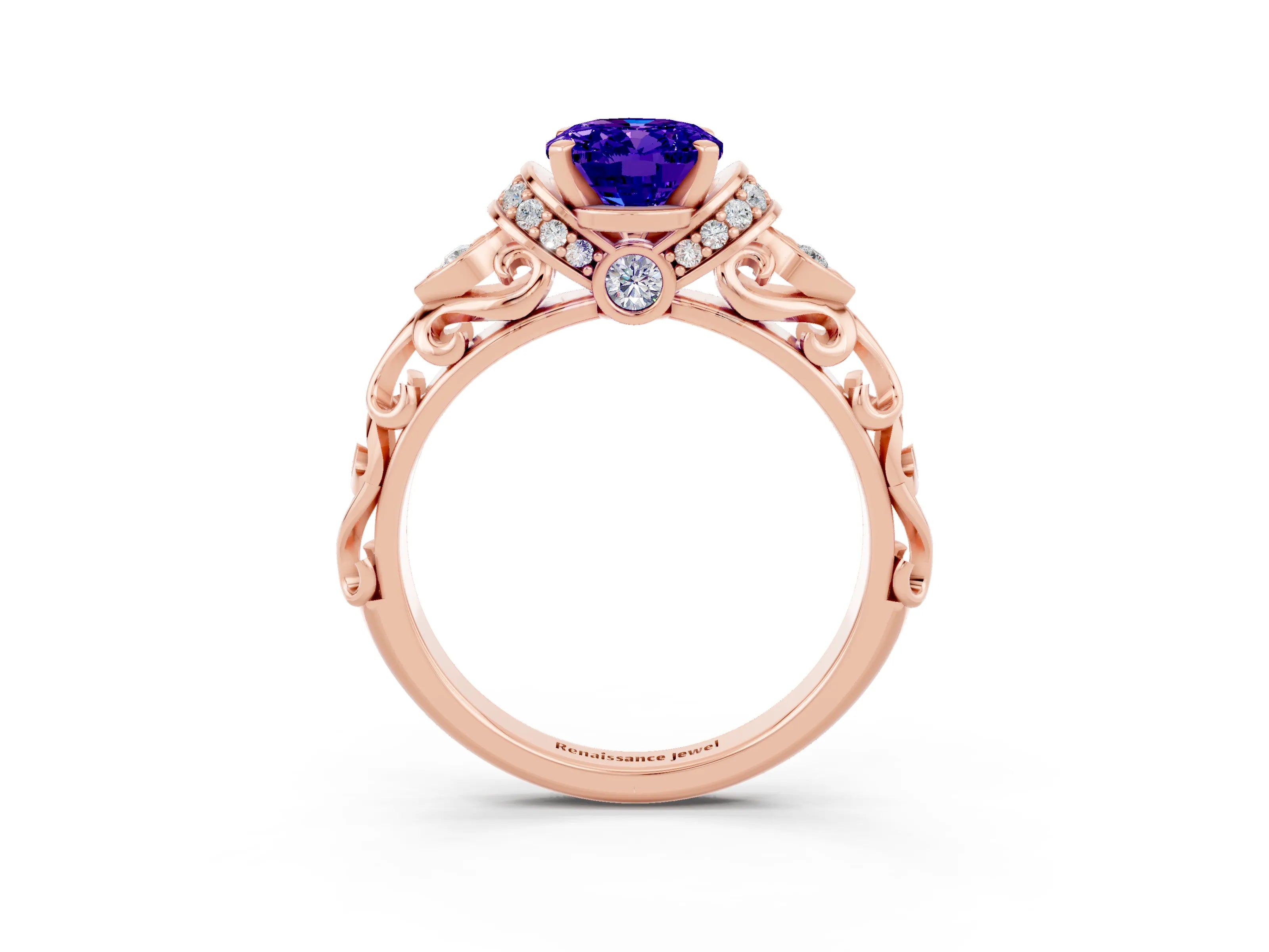 Rose gold Oval Cut Tanzanite Solitaire Ring with Filigree Band and Four-Prong Setting_27