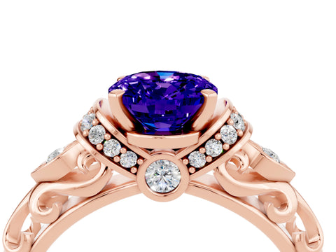 Rose gold Oval Cut Tanzanite Solitaire Ring with Filigree Band and Four-Prong Setting_28