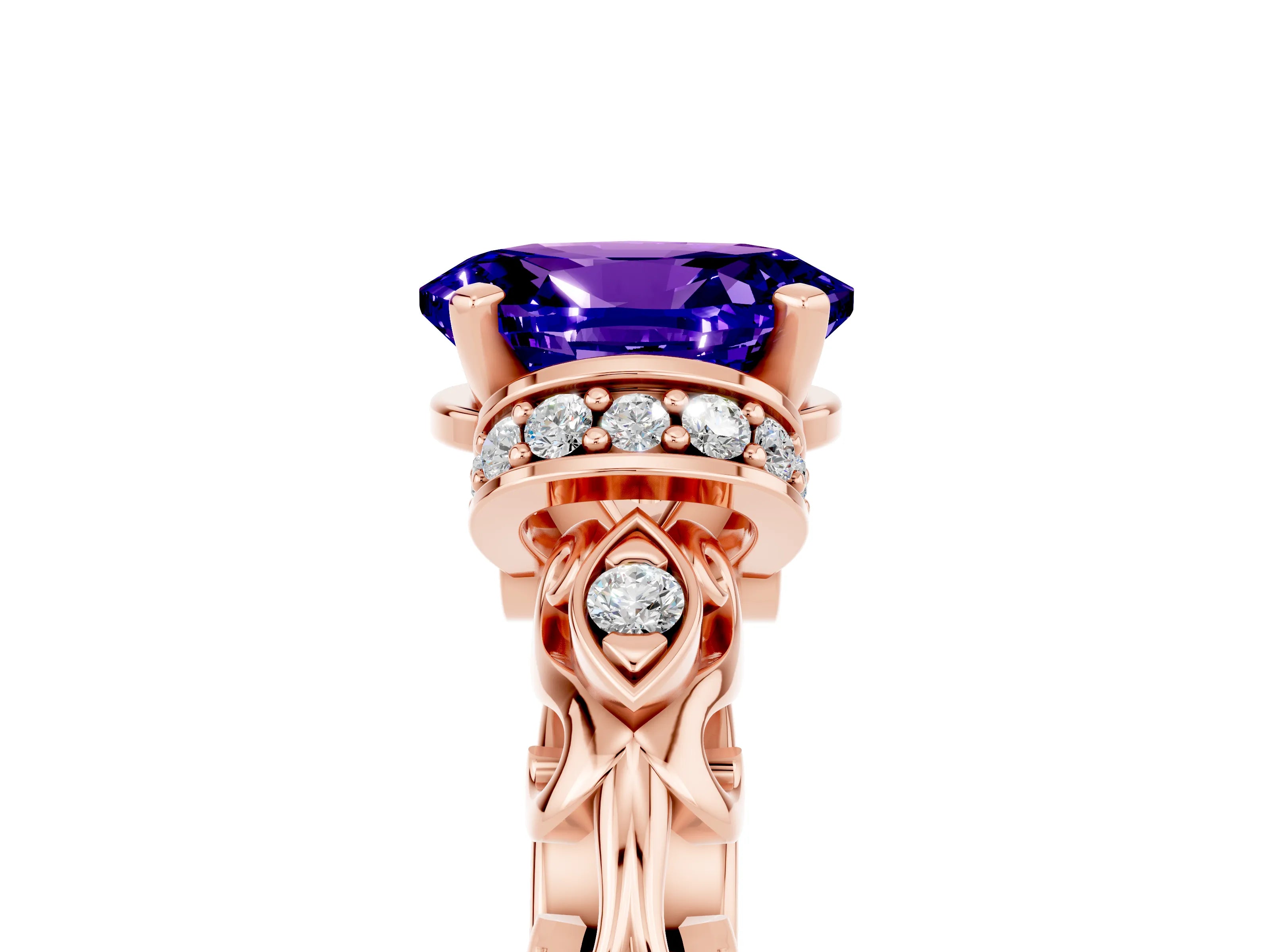 Rose gold Oval Cut Tanzanite Solitaire Ring with Filigree Band and Four-Prong Setting_29