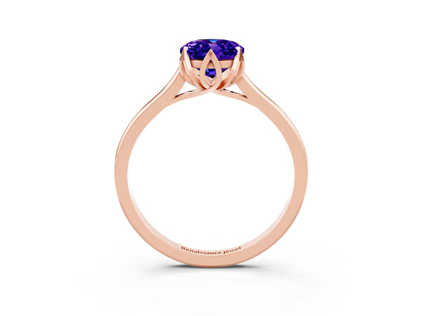 Rose gold Oval Cut Tanzanite Solitaire Ring with Flower Prong Setting and Classic Band