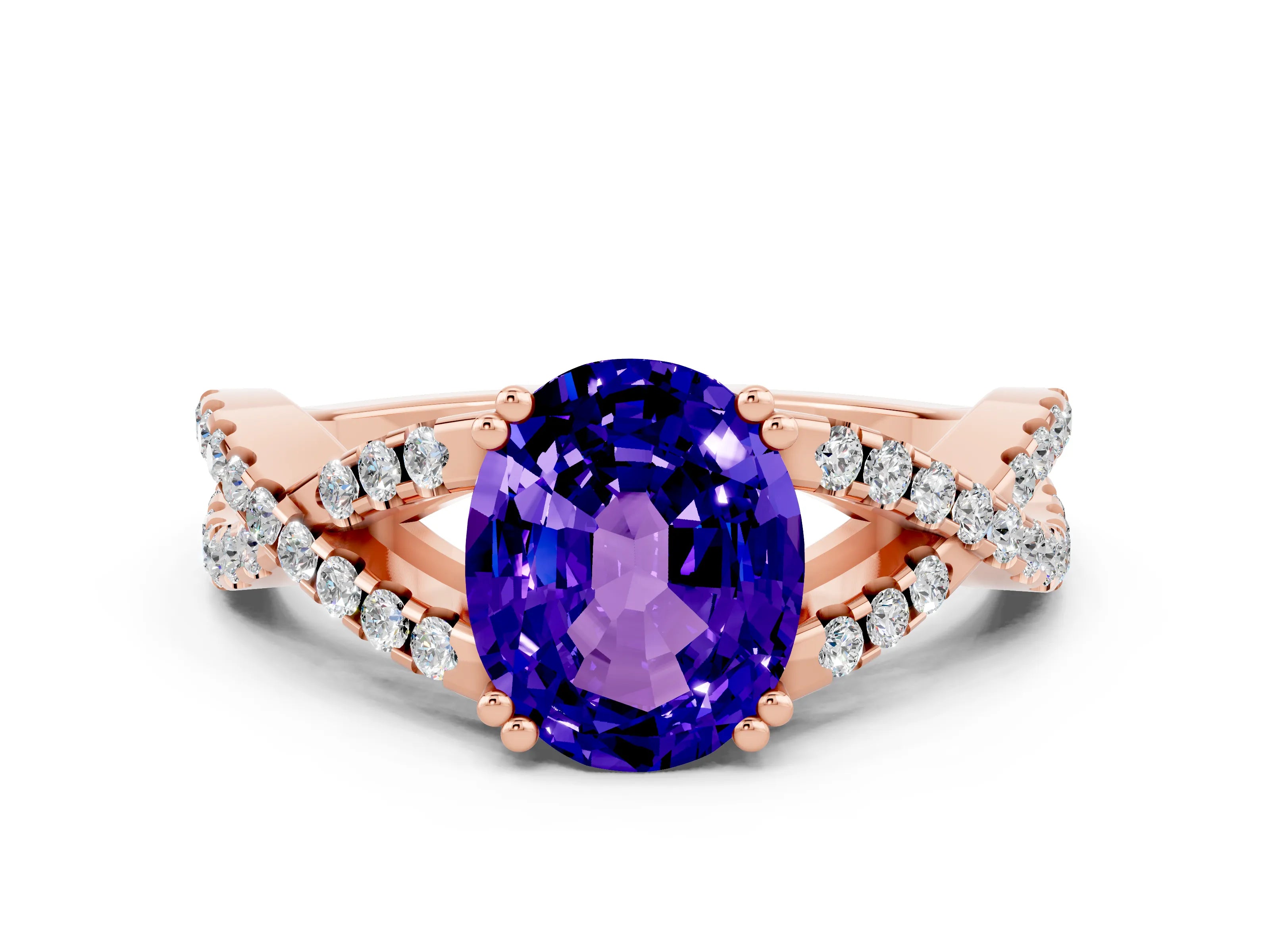 Rose gold Oval Cut Tanzanite Solitaire Ring with Four-Prong Setting and Twisted Pavé Band