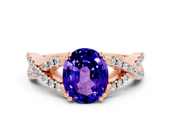 Rose gold Oval Cut Tanzanite Solitaire Ring with Four-Prong Setting and Twisted Pavé Band