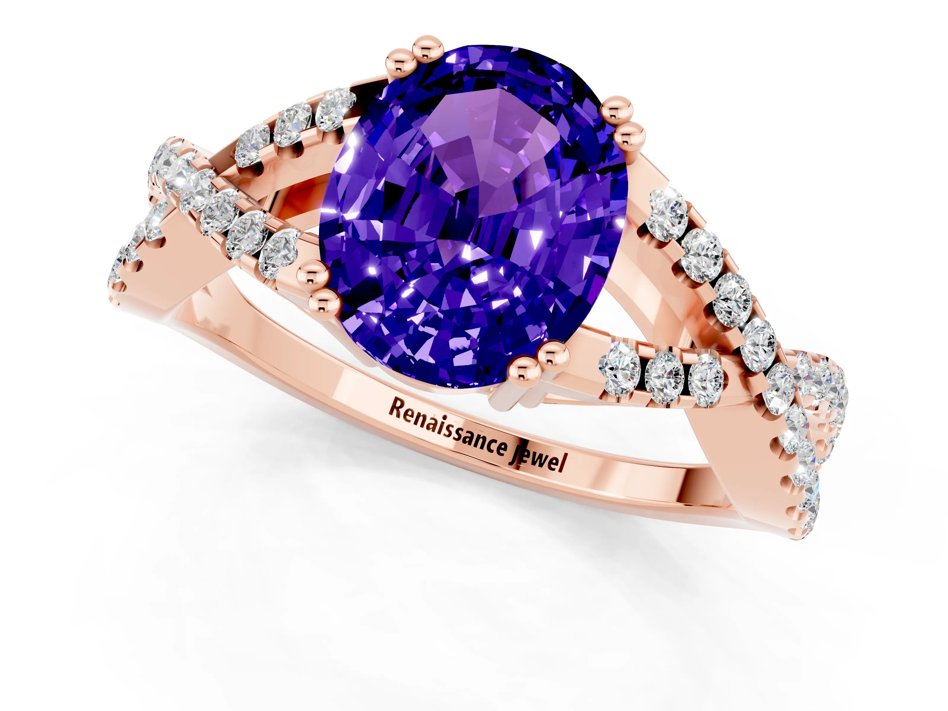 Rose gold Oval Cut Tanzanite Solitaire Ring with Four-Prong Setting and Twisted Pavé Band_1