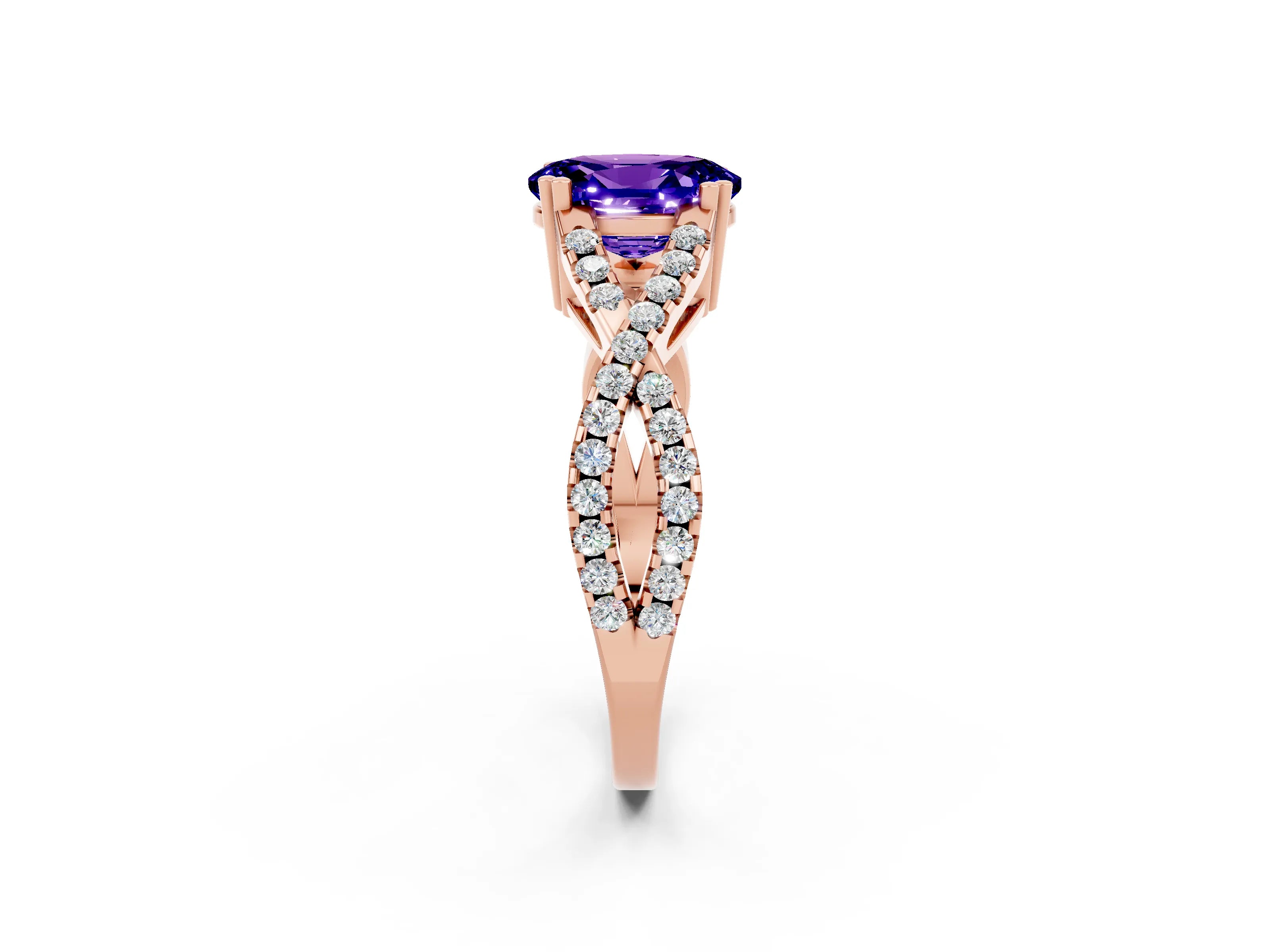 Rose gold Oval Cut Tanzanite Solitaire Ring with Four-Prong Setting and Twisted Pavé Band_2