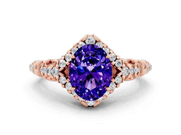 Rose gold Oval Cut Tanzanite Solitaire Ring with Hidden Halo and Pavé Band
