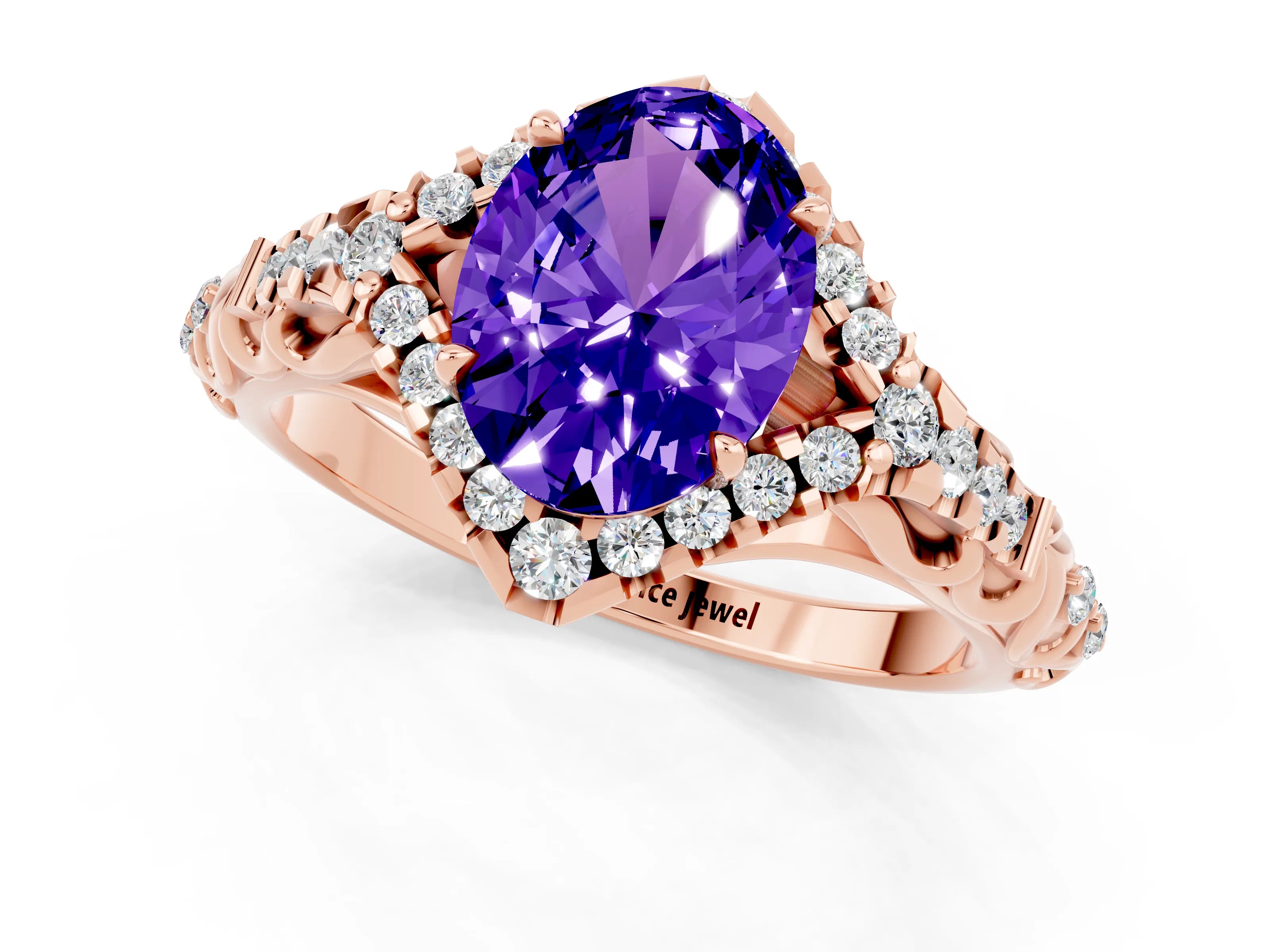 Rose gold Oval Cut Tanzanite Solitaire Ring with Hidden Halo and Pavé Band_13