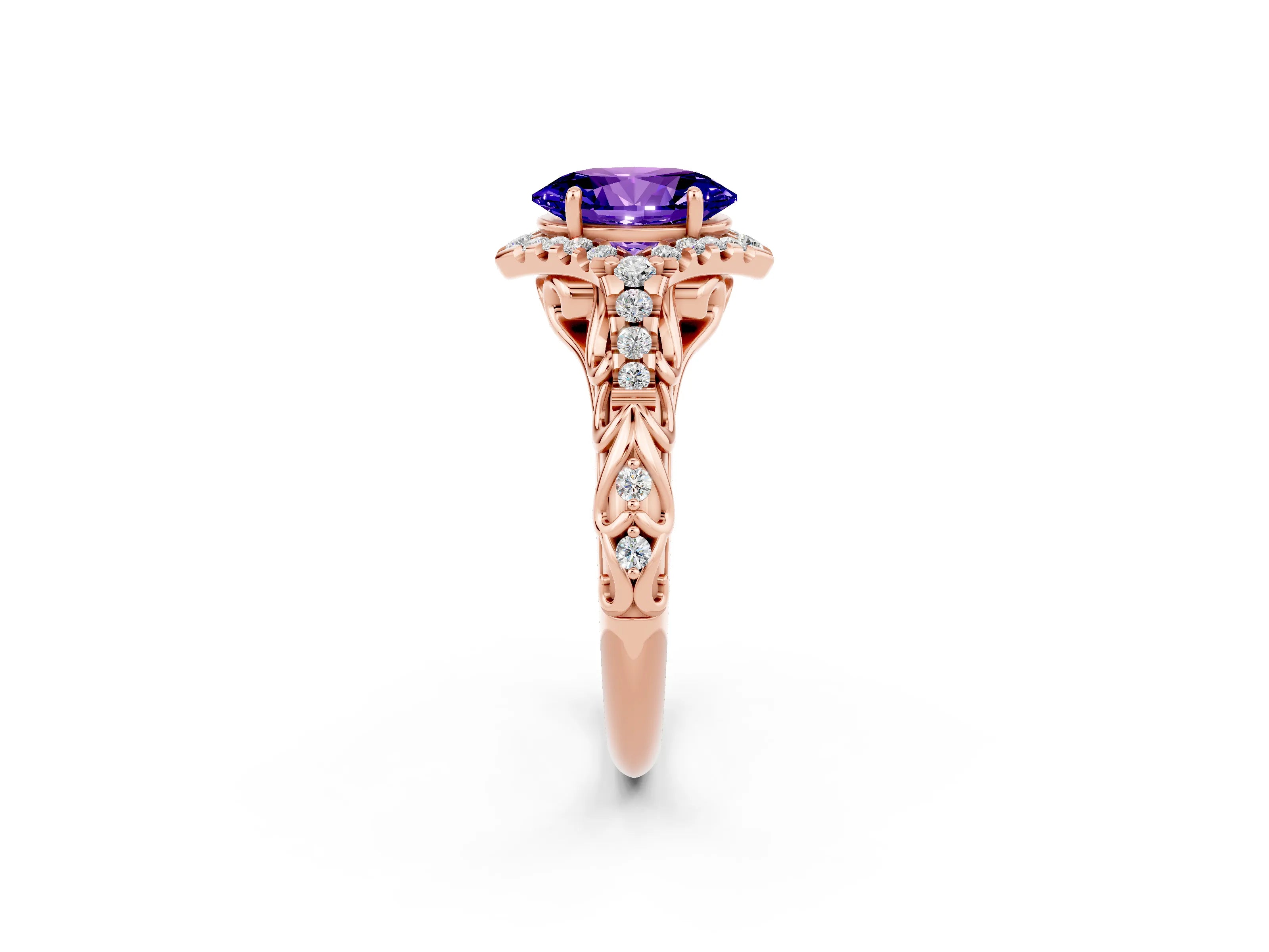 Rose gold Oval Cut Tanzanite Solitaire Ring with Hidden Halo and Pavé Band_14