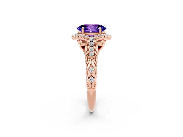 Rose gold Oval Cut Tanzanite Solitaire Ring with Hidden Halo and Pavé Band