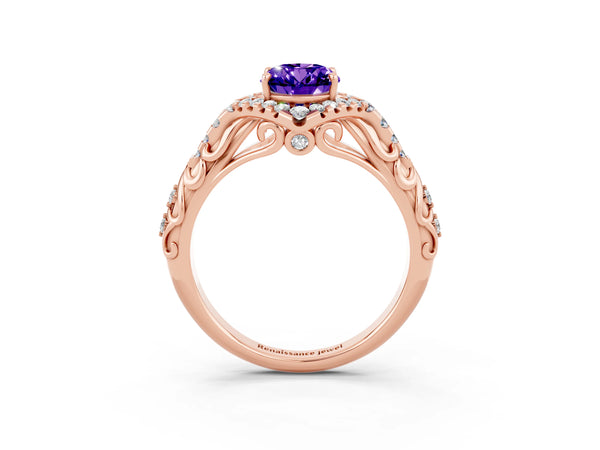 Rose gold Oval Cut Tanzanite Solitaire Ring with Hidden Halo and Pavé Band