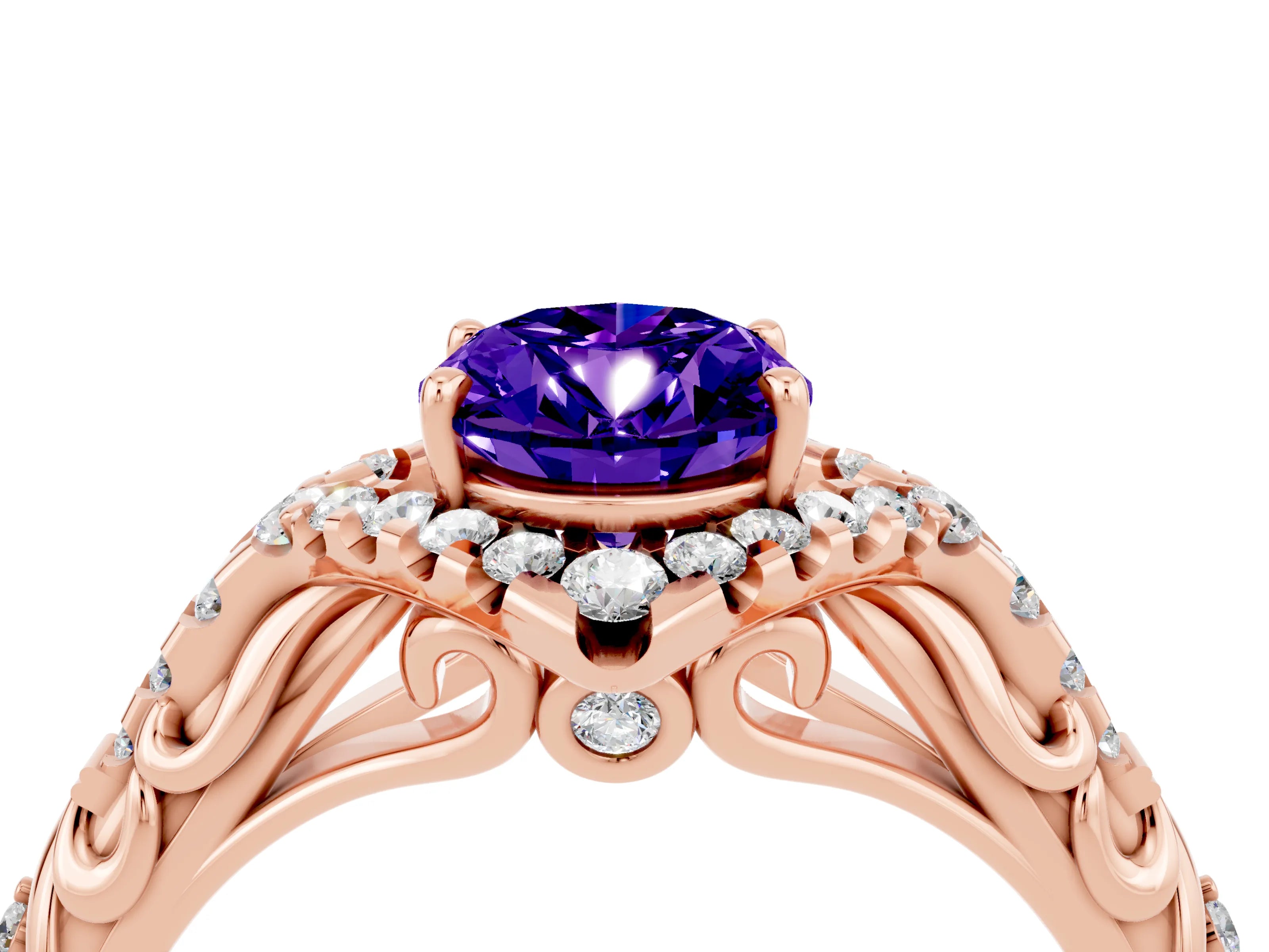 Rose gold Oval Cut Tanzanite Solitaire Ring with Hidden Halo and Pavé Band_16