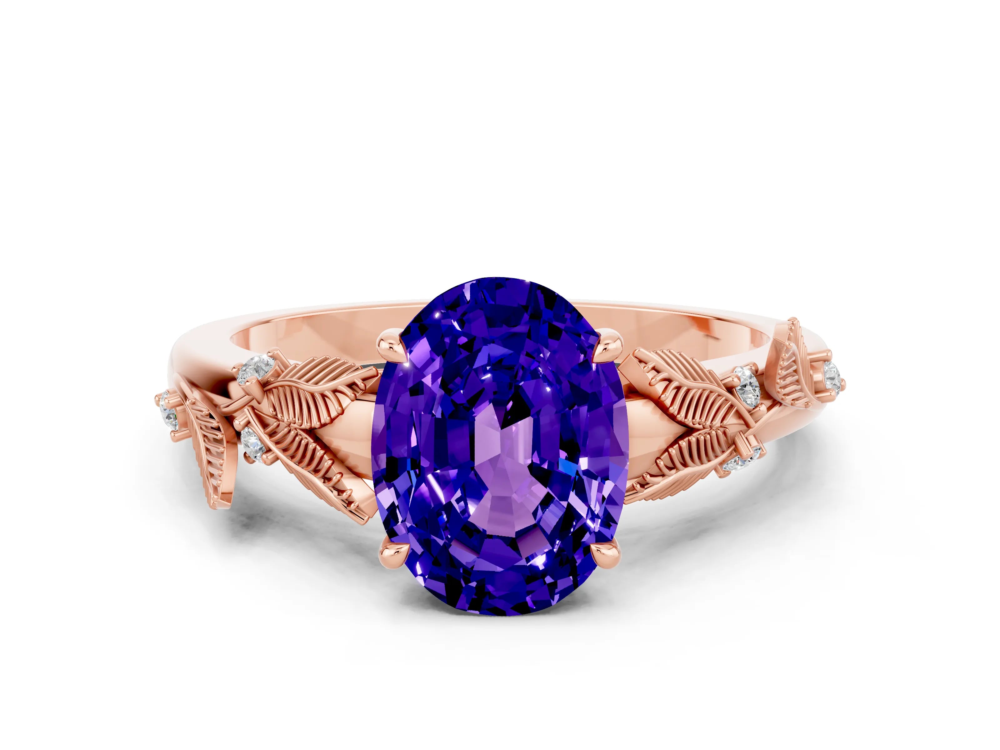 Rose gold Oval Cut Tanzanite Solitaire Ring with Leaf Motif Band and Four-Prong Setting