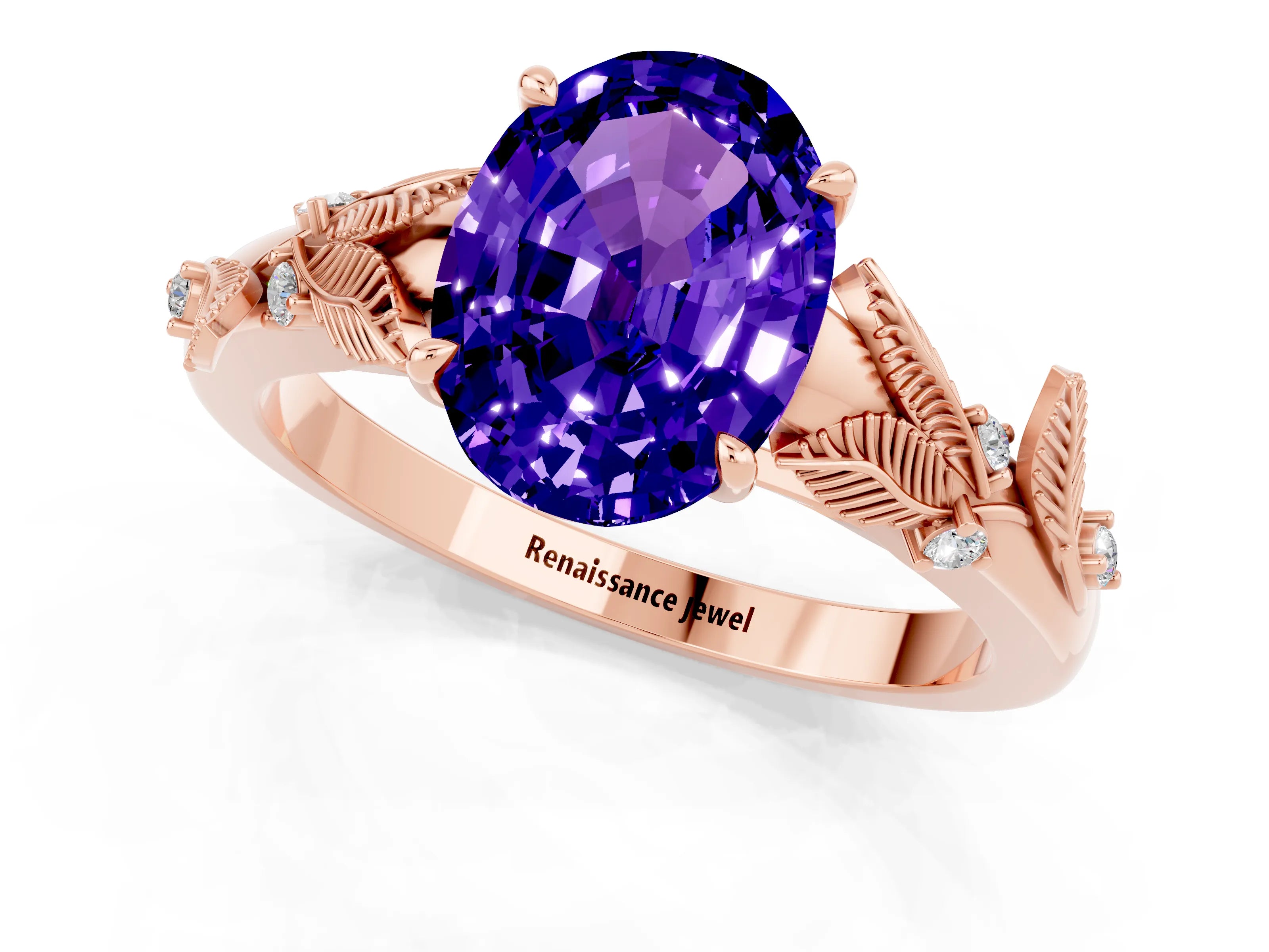 Rose gold Oval Cut Tanzanite Solitaire Ring with Leaf Motif Band and Four-Prong Setting_1