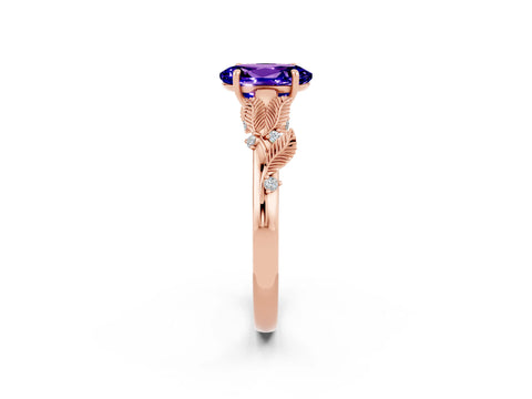 Rose gold Oval Cut Tanzanite Solitaire Ring with Leaf Motif Band and Four-Prong Setting_2