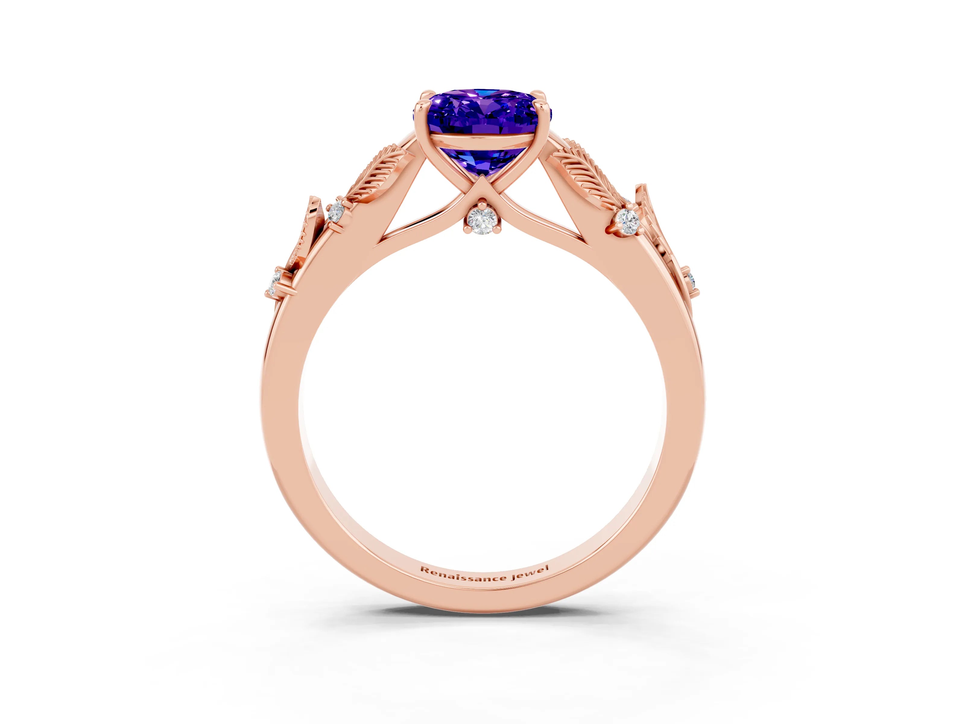 Rose gold Oval Cut Tanzanite Solitaire Ring with Leaf Motif Band and Four-Prong Setting_3