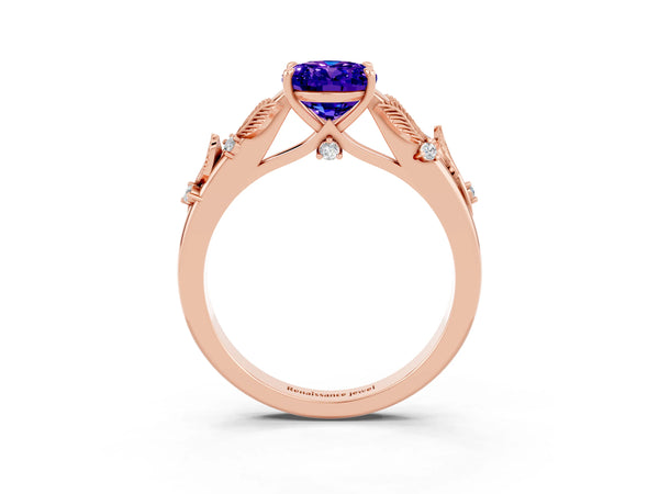Rose gold Oval Cut Tanzanite Solitaire Ring with Leaf Motif Band and Four-Prong Setting