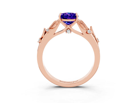 Rose gold Oval Cut Tanzanite Solitaire Ring with Leaf Motif Band and Four-Prong Setting_3