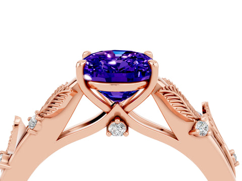 Rose gold Oval Cut Tanzanite Solitaire Ring with Leaf Motif Band and Four-Prong Setting_4