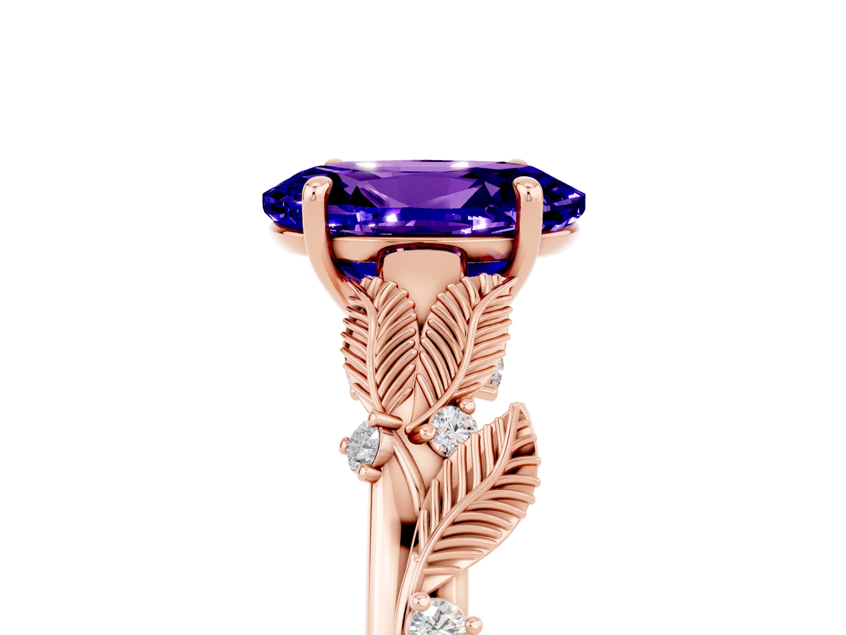 Rose gold Oval Cut Tanzanite Solitaire Ring with Leaf Motif Band and Four-Prong Setting_5