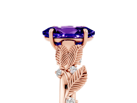 Rose gold Oval Cut Tanzanite Solitaire Ring with Leaf Motif Band and Four-Prong Setting_5