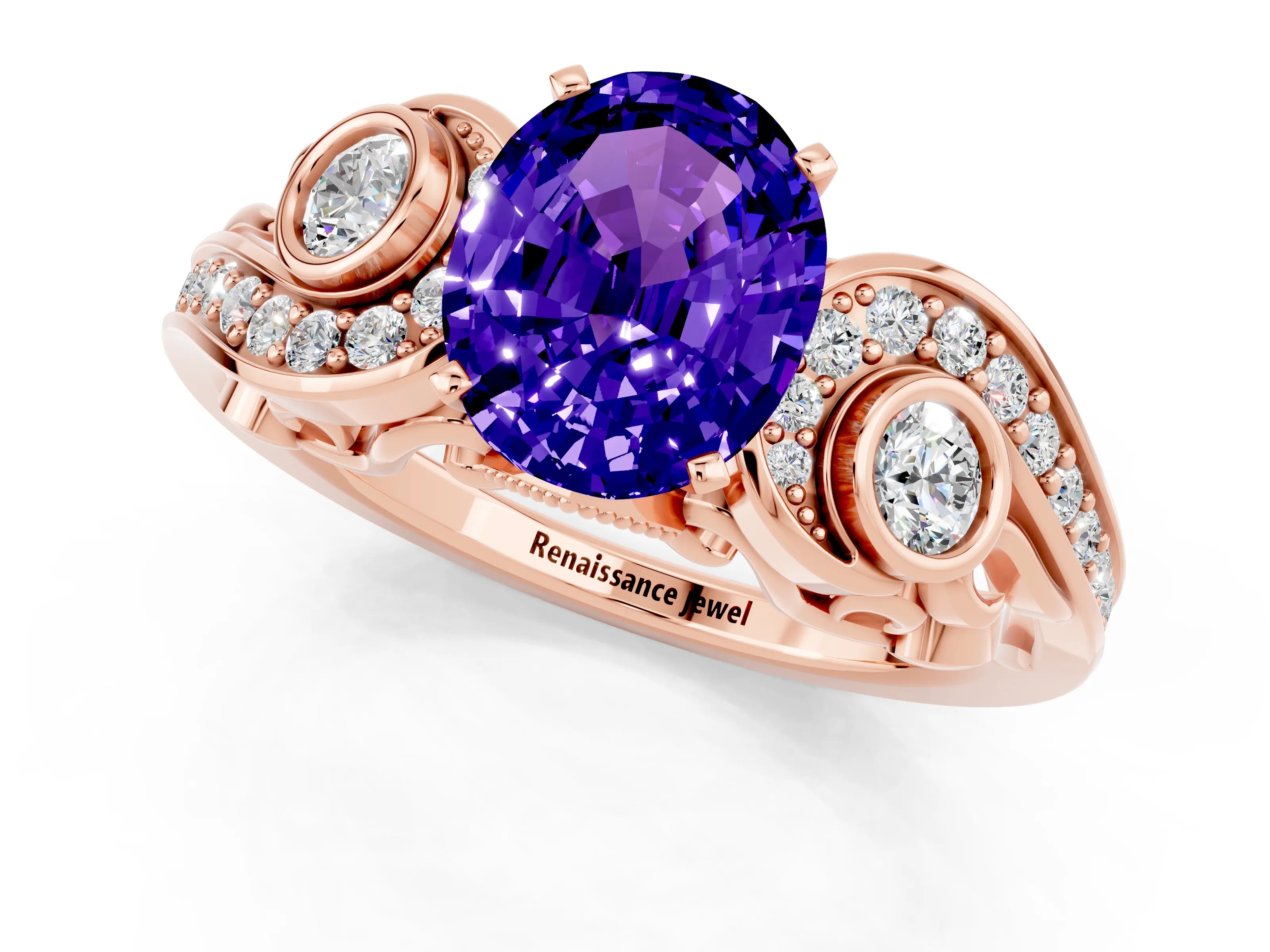 Rose gold Oval Cut Tanzanite Solitaire Ring with Milgrain Pavé Band and Four-Prong Setting_25
