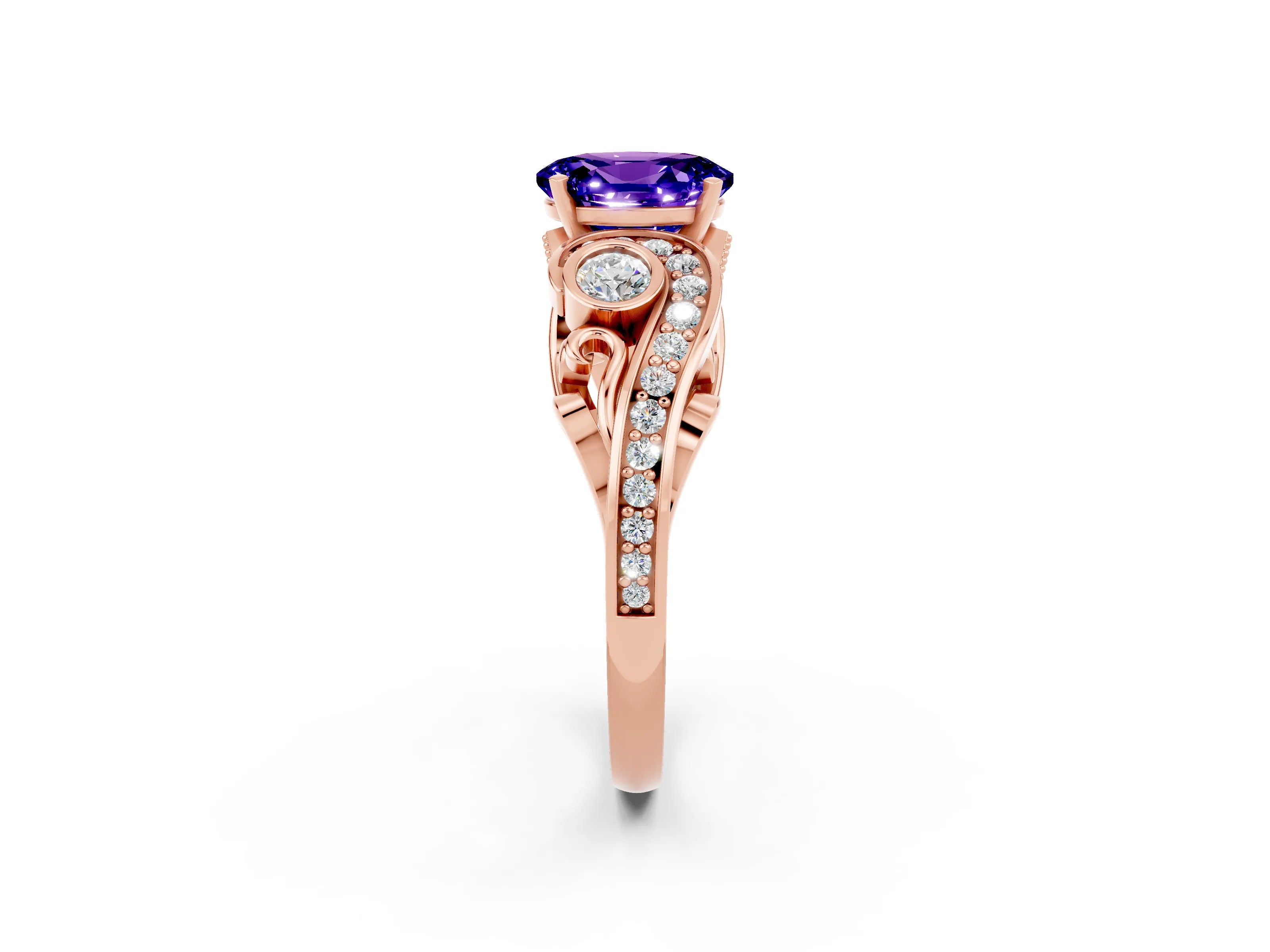 Rose gold Oval Cut Tanzanite Solitaire Ring with Milgrain Pavé Band and Four-Prong Setting_26
