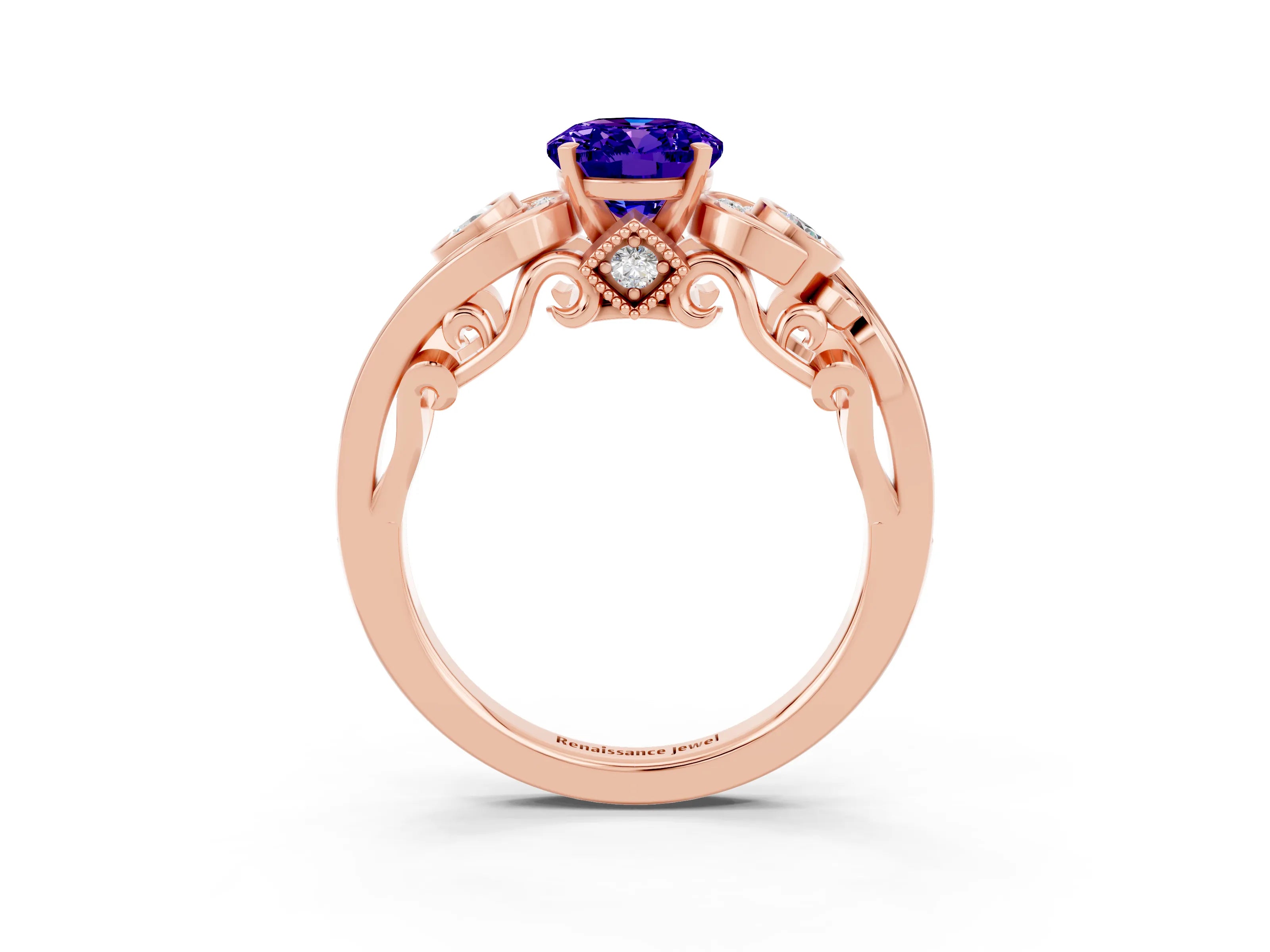 Rose gold Oval Cut Tanzanite Solitaire Ring with Milgrain Pavé Band and Four-Prong Setting_27