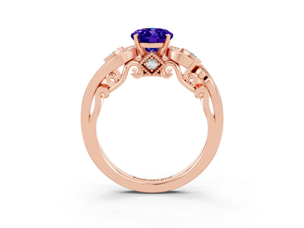 Rose gold Oval Cut Tanzanite Solitaire Ring with Milgrain Pavé Band and Four-Prong Setting