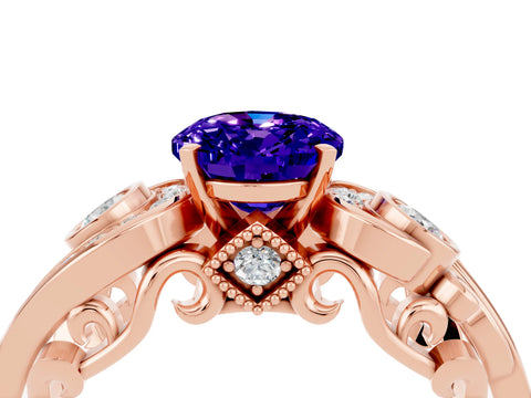 Rose gold Oval Cut Tanzanite Solitaire Ring with Milgrain Pavé Band and Four-Prong Setting_28