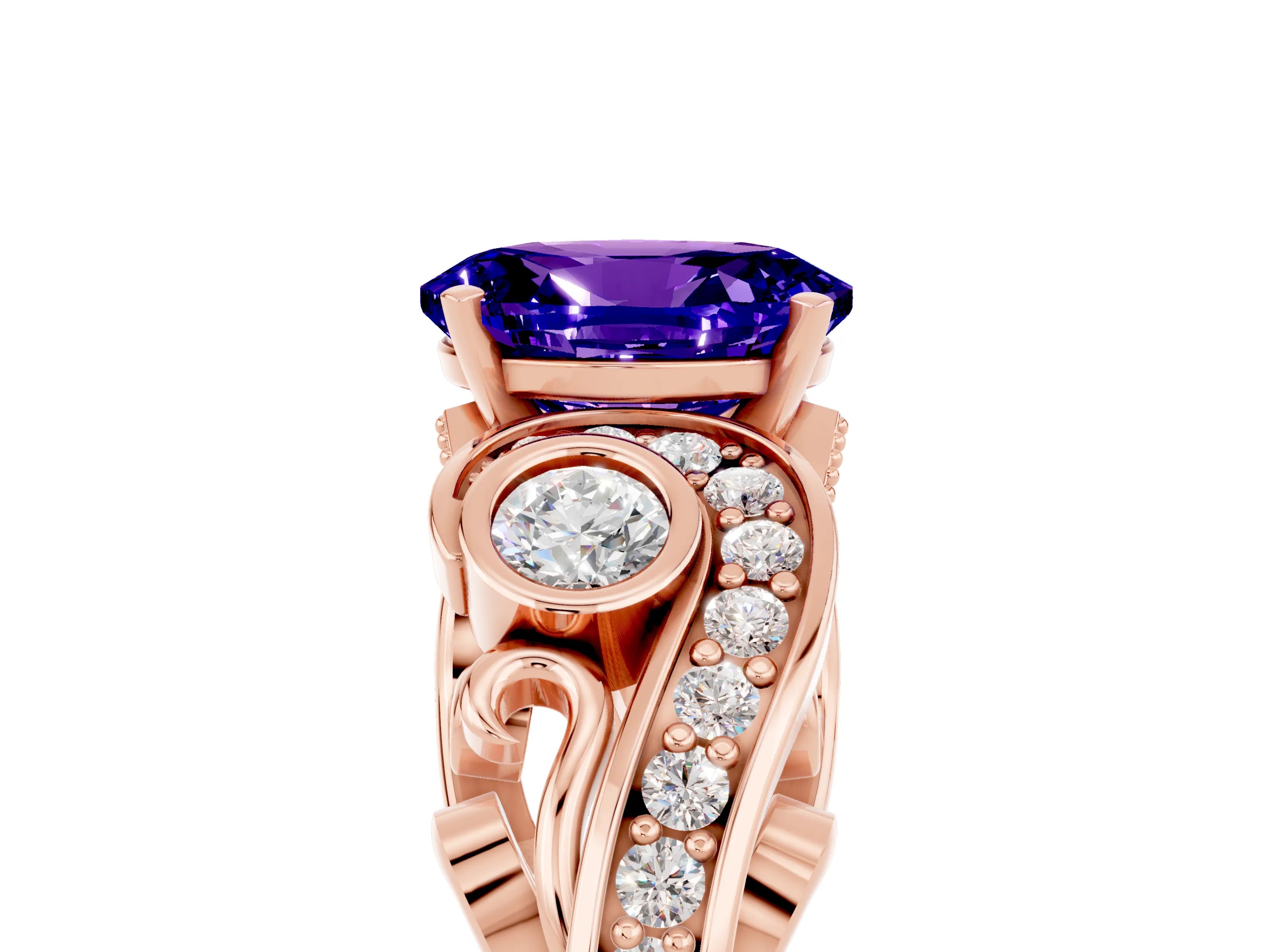 Rose gold Oval Cut Tanzanite Solitaire Ring with Milgrain Pavé Band and Four-Prong Setting_29
