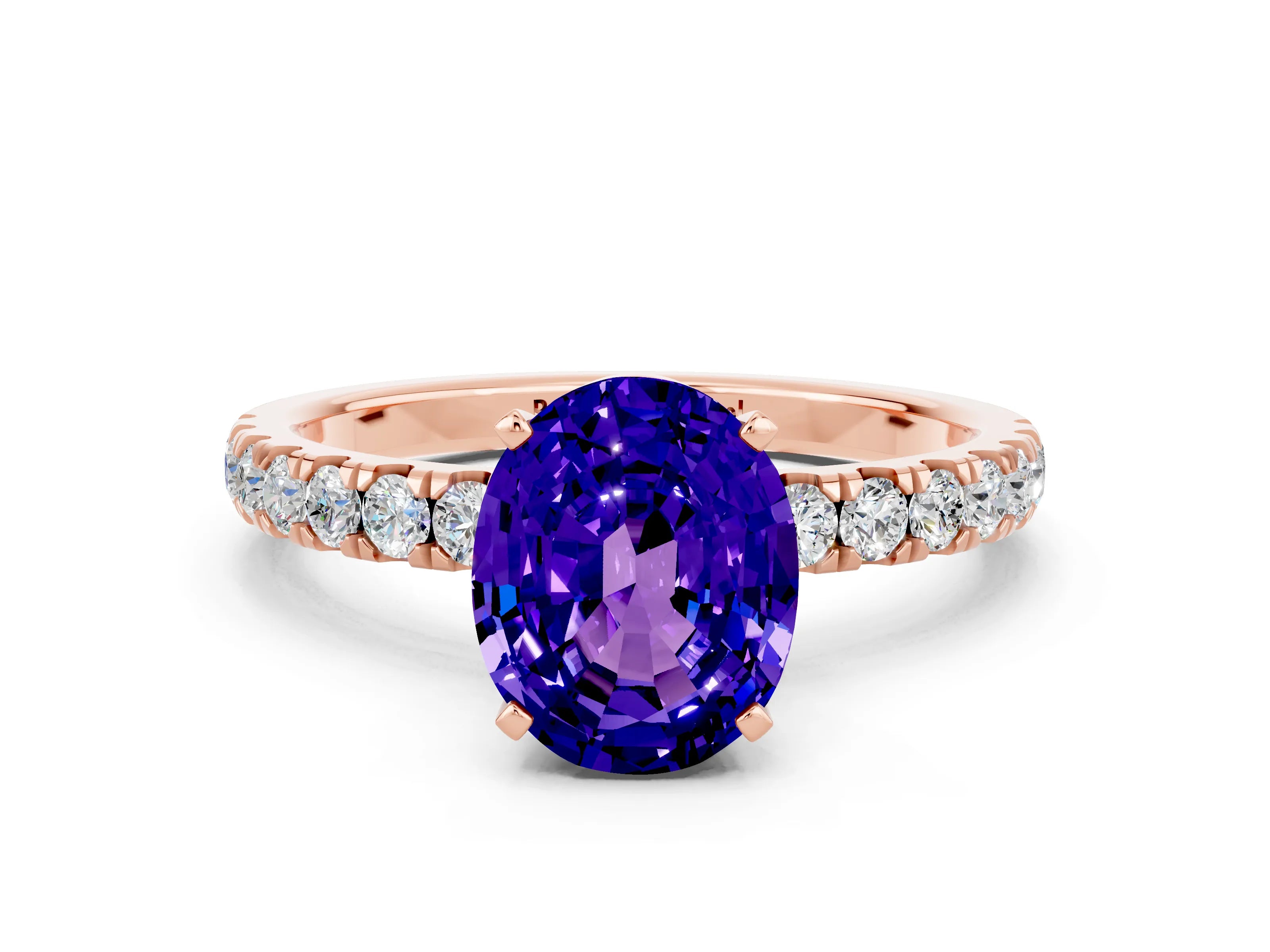 Rose gold Oval Cut Tanzanite Solitaire Ring with Pavé Accents and Four-Prong Setting