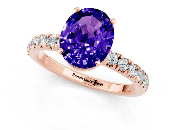 Rose gold Oval Cut Tanzanite Solitaire Ring with Pavé Accents and Four-Prong Setting