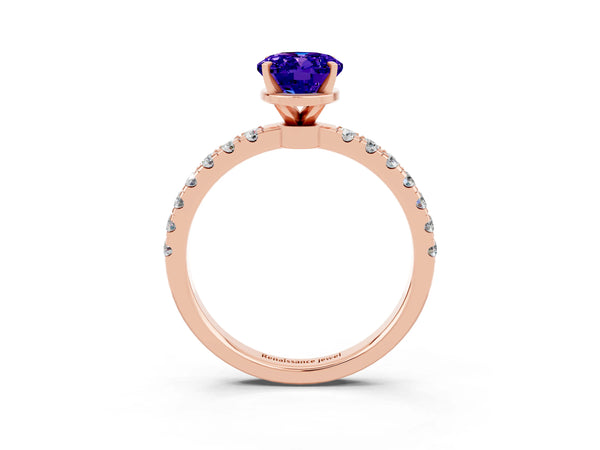Rose gold Oval Cut Tanzanite Solitaire Ring with Pavé Accents and Four-Prong Setting