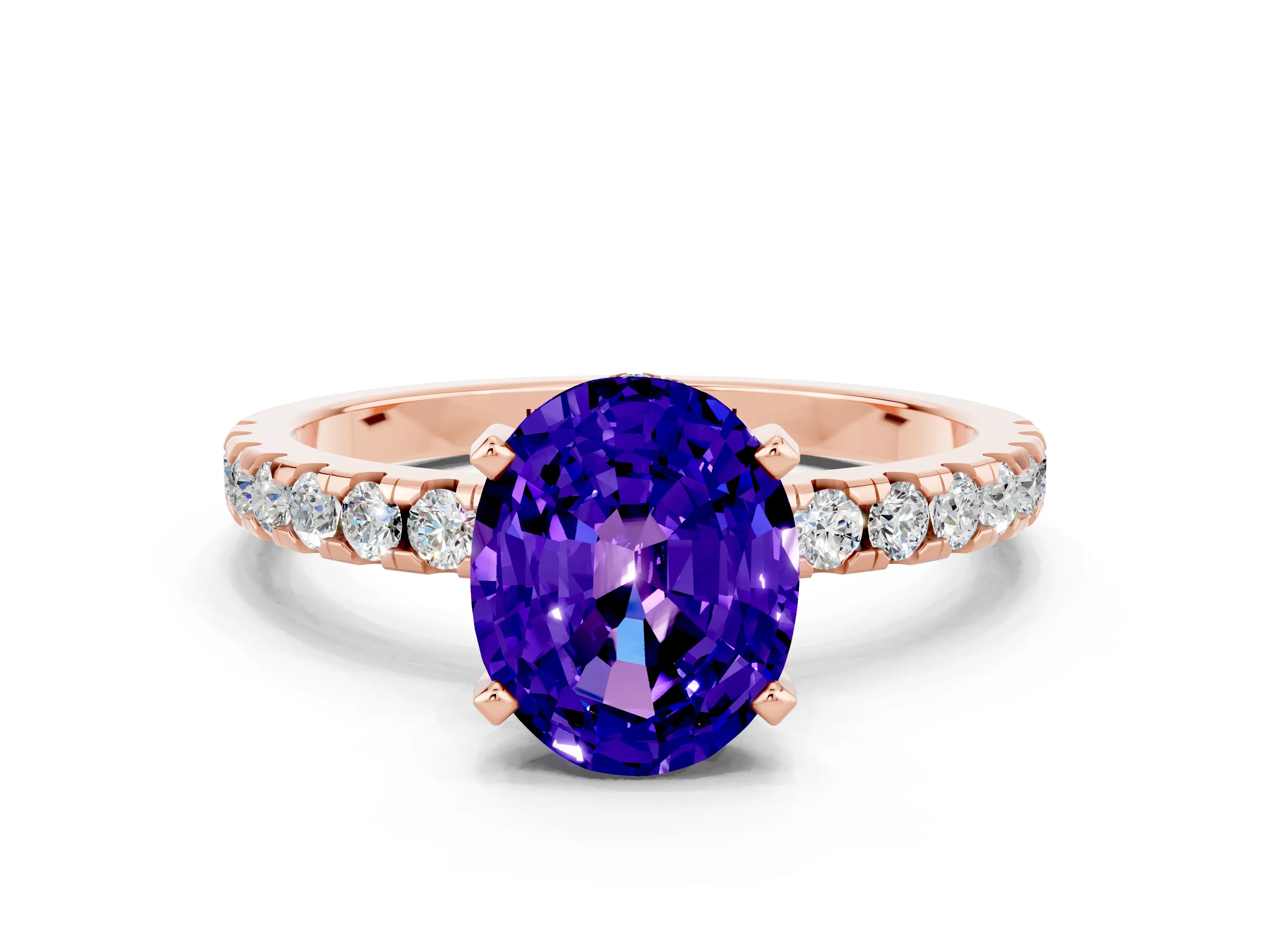 Rose gold Oval Cut Tanzanite Solitaire Ring with Pavé Band and Four-Prong Setting_24