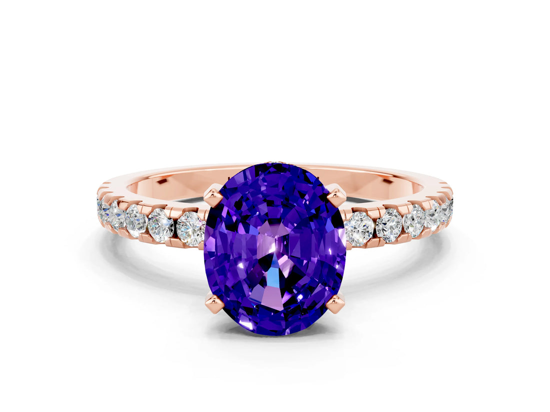 Rose gold Oval Cut Tanzanite Solitaire Ring with Pavé Band and Four-Prong Setting_24