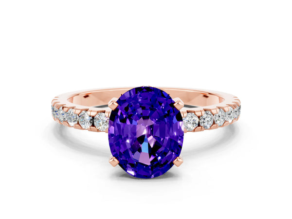 Rose gold Oval Cut Tanzanite Solitaire Ring with Round  Pavé Band and Four-Prong Setting
