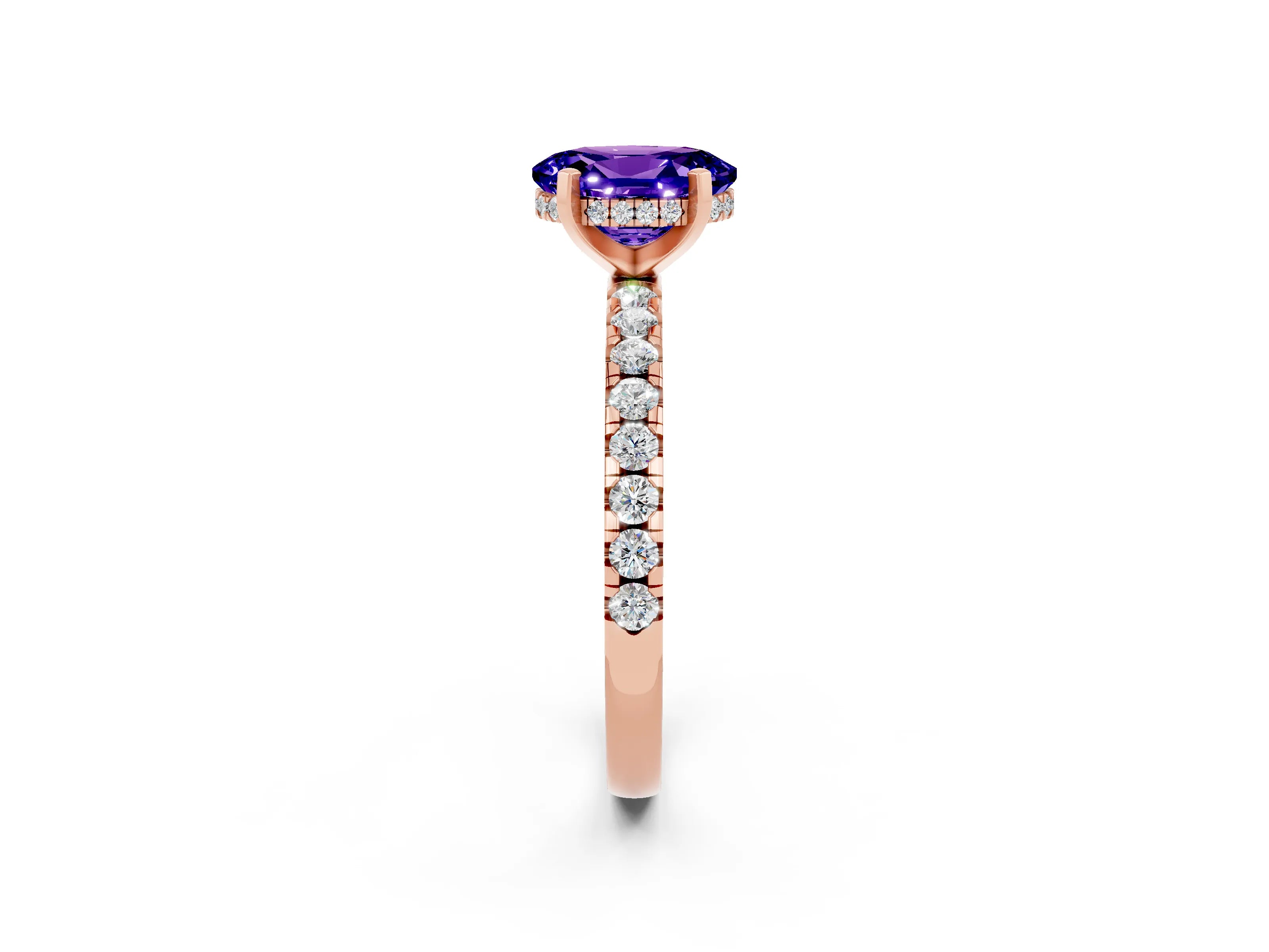 Rose gold Oval Cut Tanzanite Solitaire Ring with Pavé Band and Four-Prong Setting_26