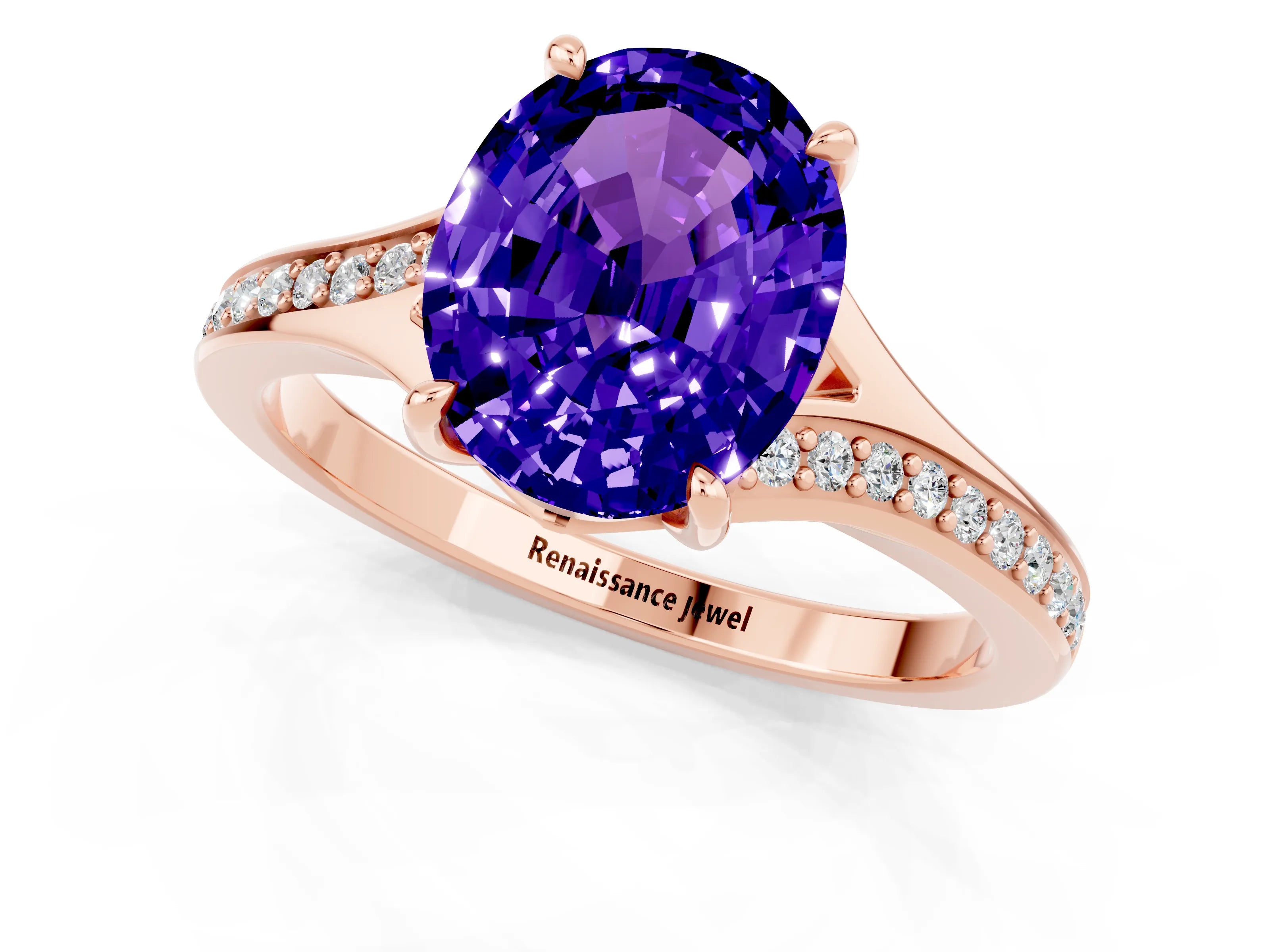 Rose gold Oval Cut Tanzanite Solitaire Ring with Pavé Band and Prong Setting_13