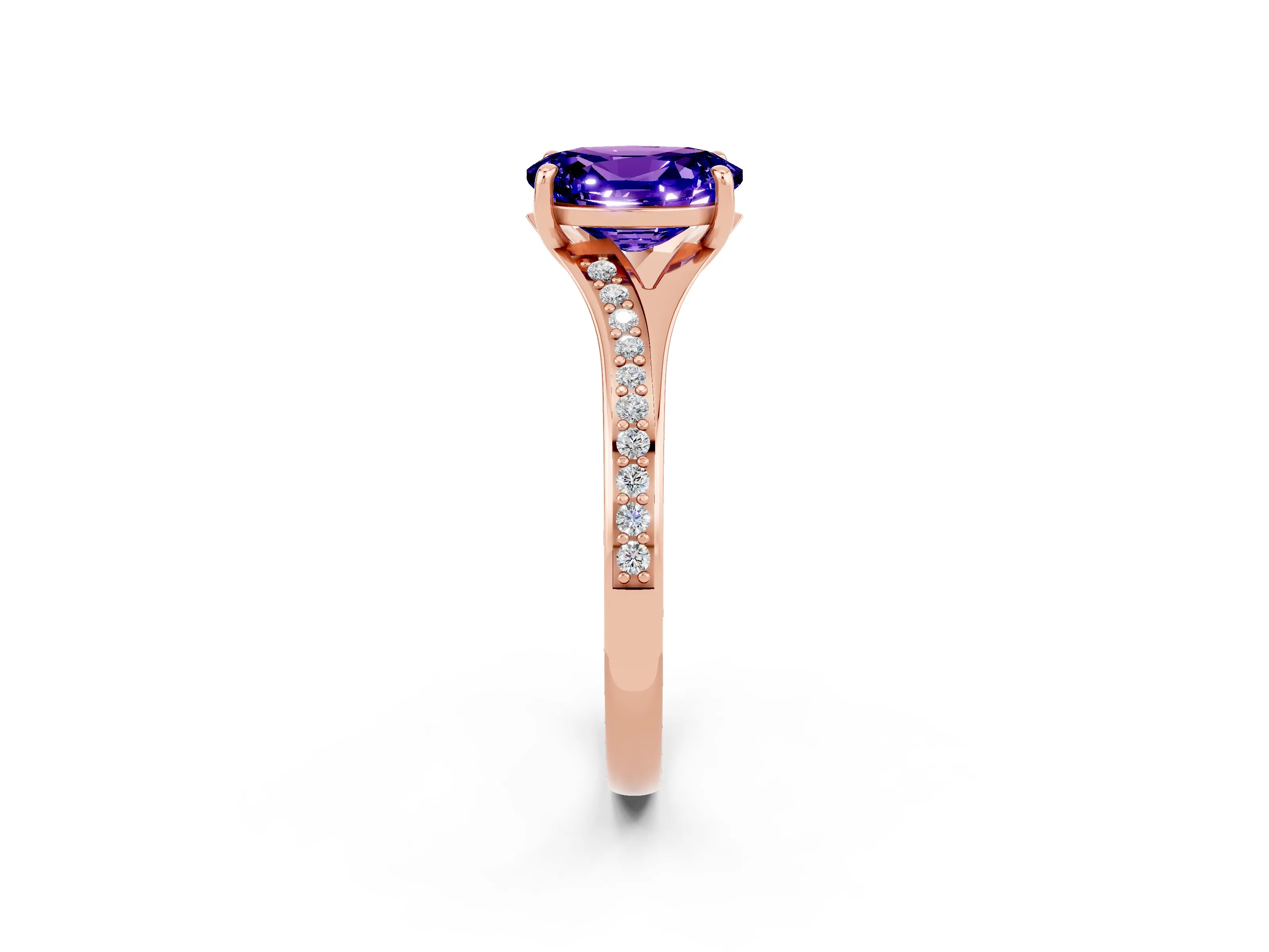 Rose gold Oval Cut Tanzanite Solitaire Ring with Pavé Band and Prong Setting_14
