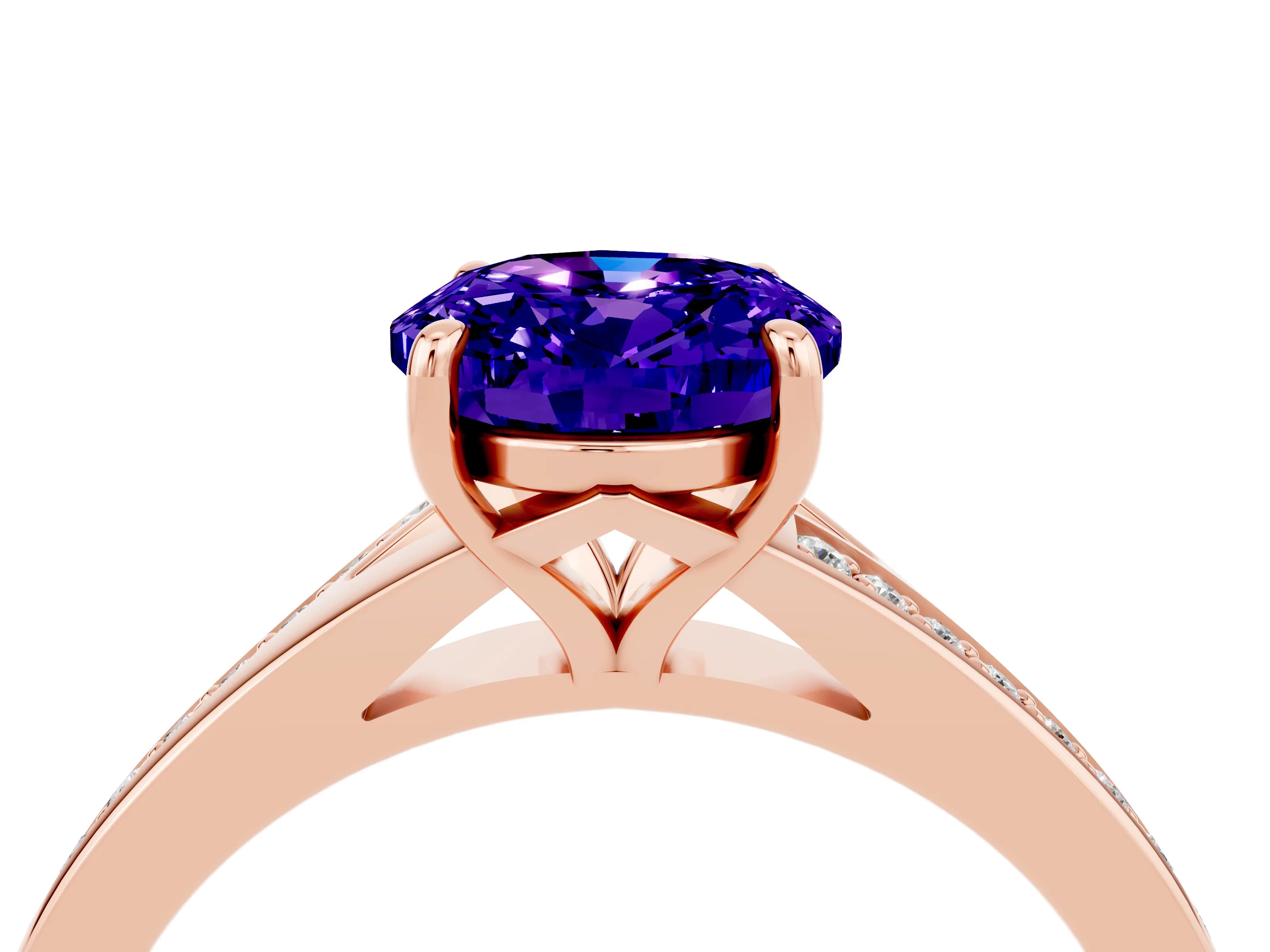 Rose gold Oval Cut Tanzanite Solitaire Ring with Pavé Band and Prong Setting_16