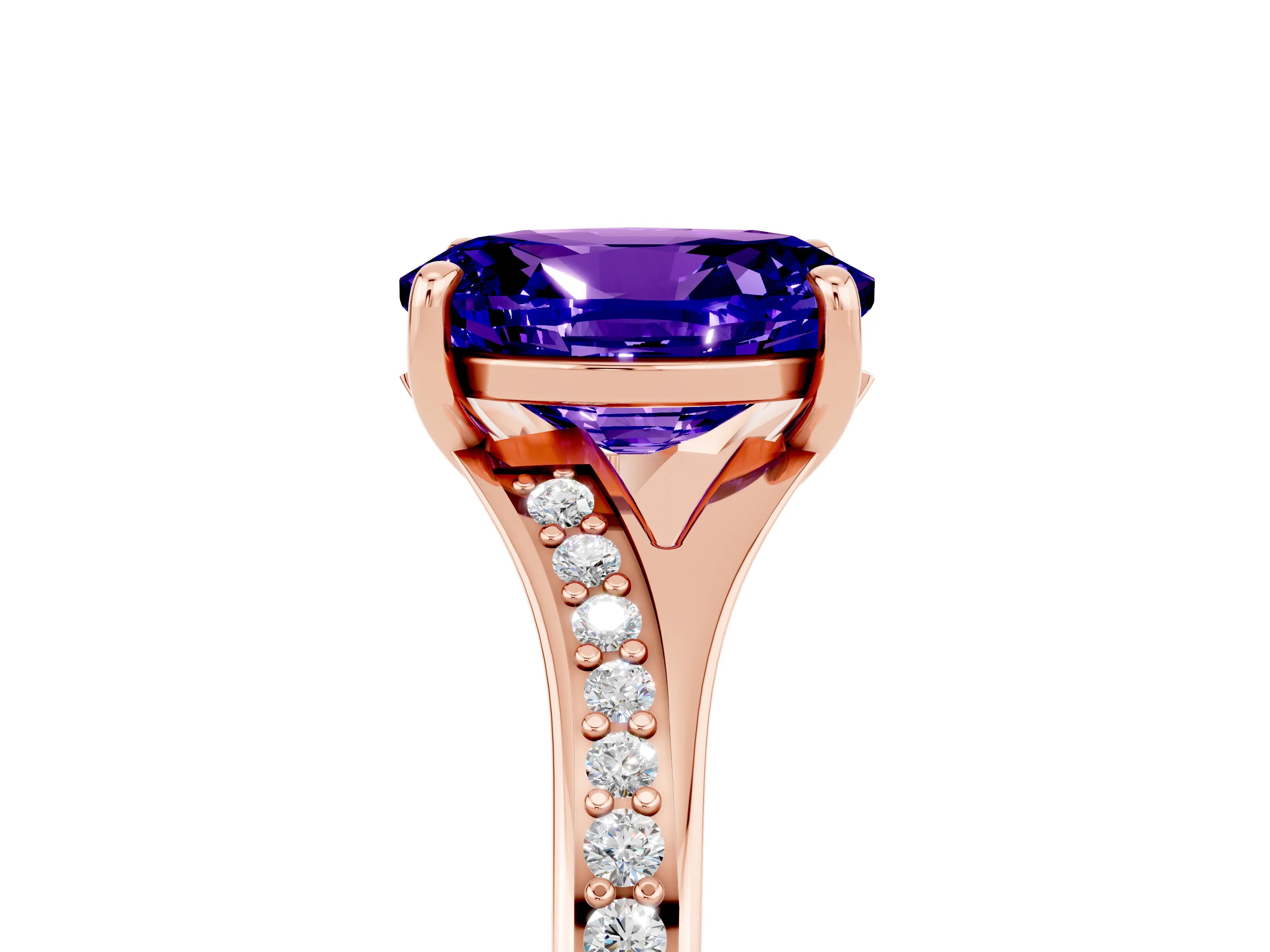 Rose gold Oval Cut Tanzanite Solitaire Ring with Pavé Band and Prong Setting_17