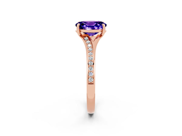 Rose gold Oval Cut Tanzanite Solitaire Ring with Pavé Band and Prong Setting