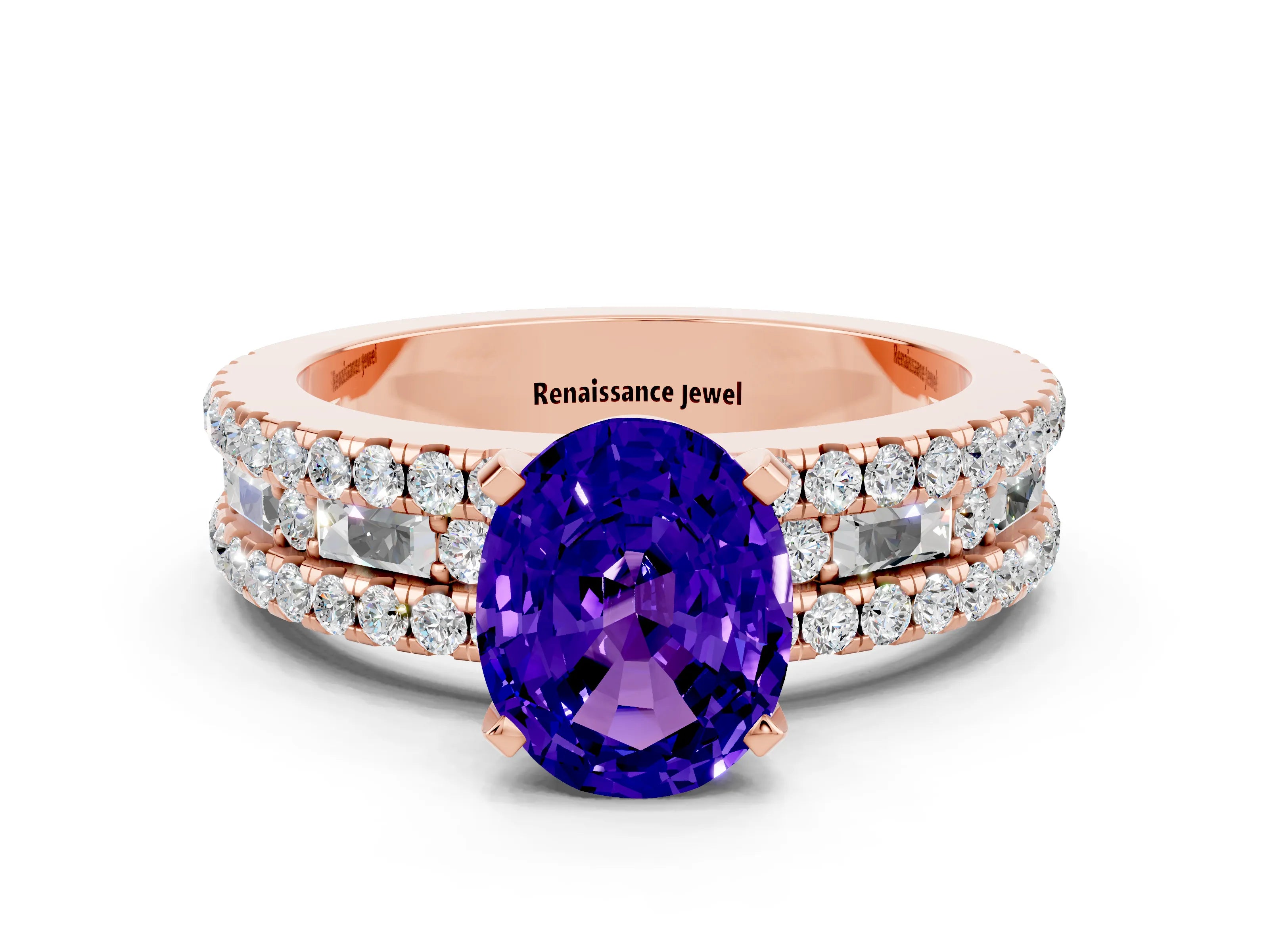 Rose gold Oval Cut Tanzanite Solitaire Ring with Pavé and Channel Set Band