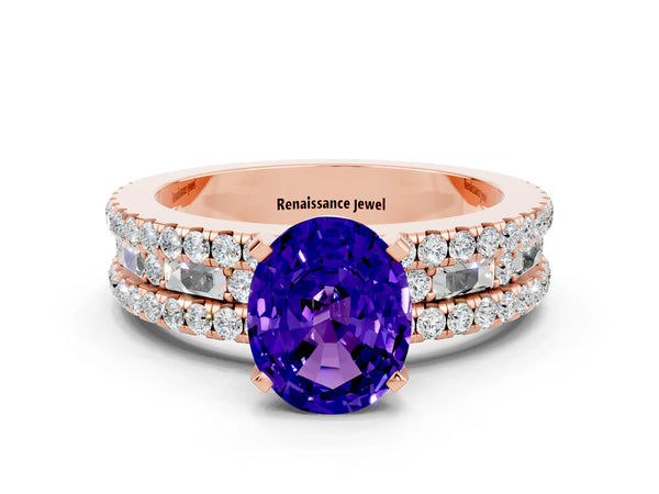 Rose gold Oval Cut Tanzanite Solitaire Ring with Pavé and Channel Set Band