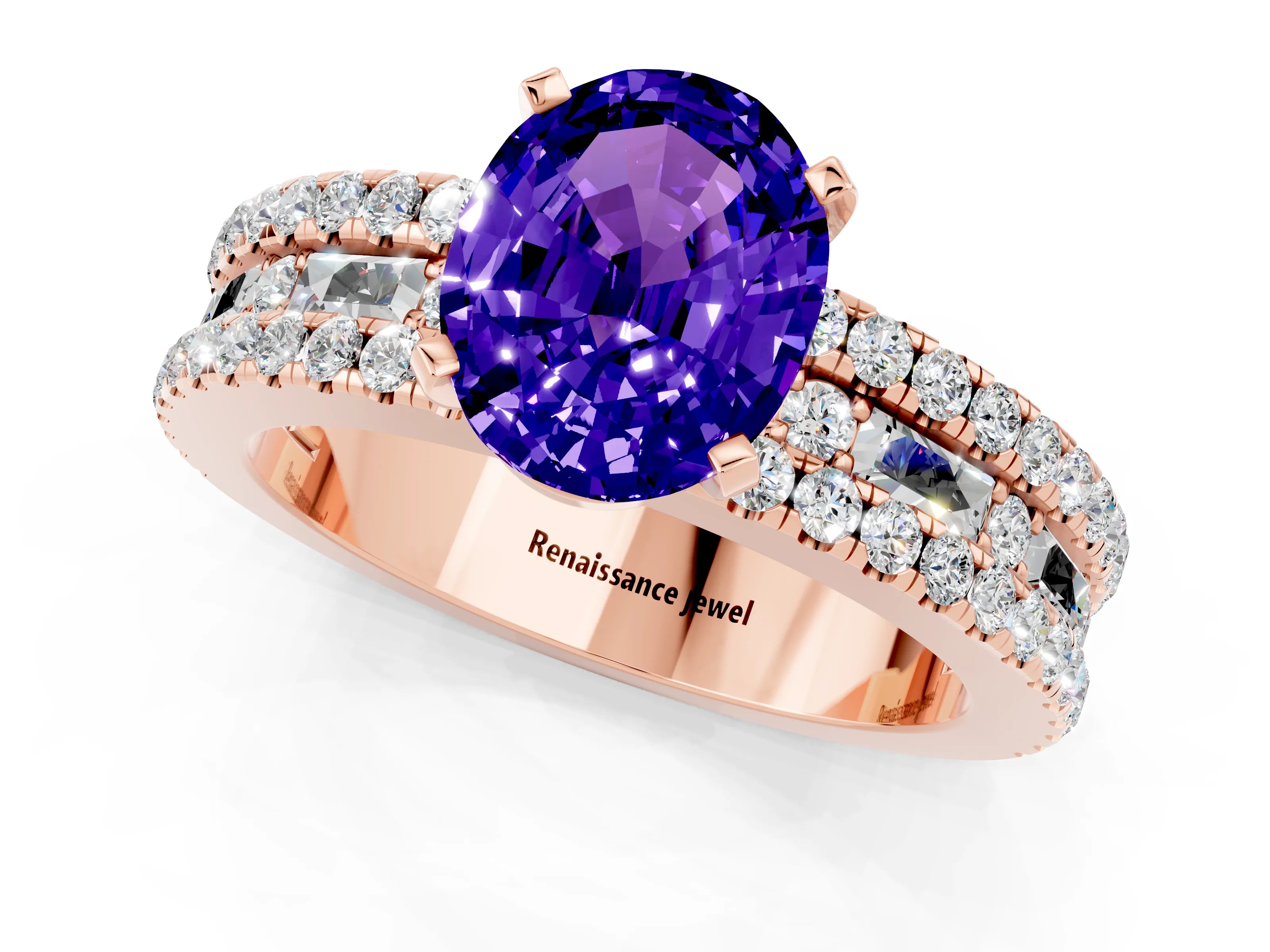 Rose gold Oval Cut Tanzanite Solitaire Ring with Pavé and Channel Set Band_1