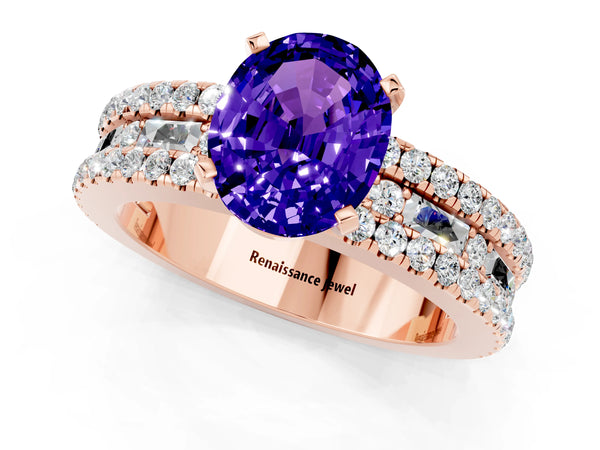 Rose gold Oval Cut Tanzanite Solitaire Ring with Pavé and Channel Set Band